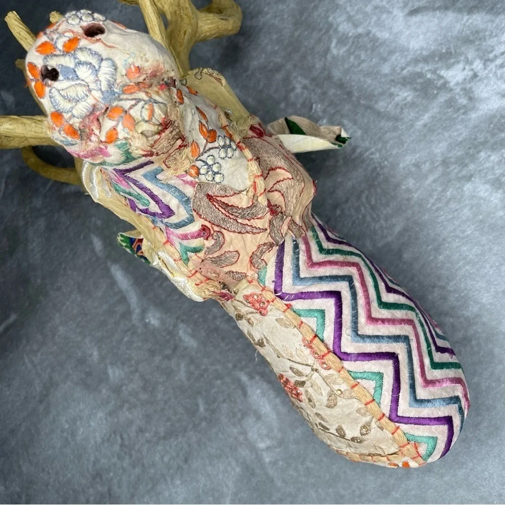 Faux Kantha Patchwork Deer Stag Fabric Covered Wall Decor Gold Antlers Boho